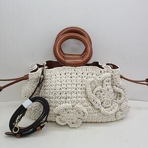 Patricia Nash Carlina Crochet Tote w/ Crossbody Strap Natural 8.5" Tall 14" Wide